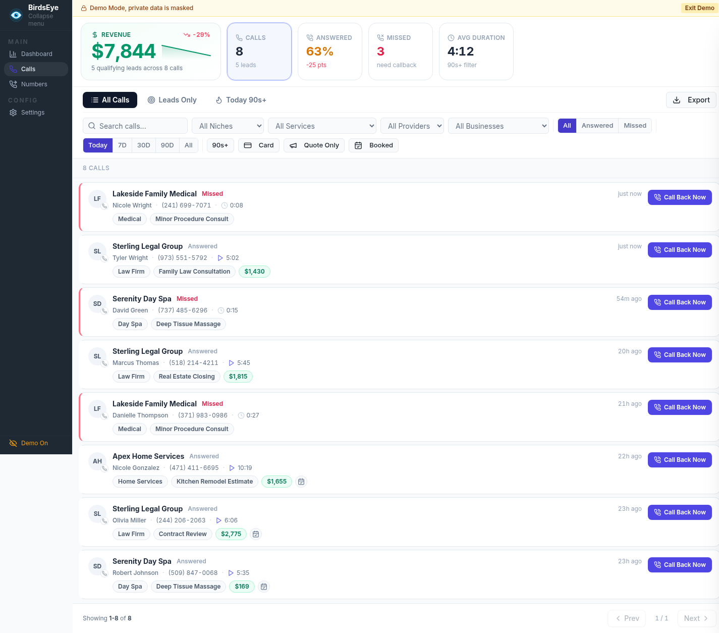 BirdsEyeROI sellable demo calls view with cross-niche demo businesses